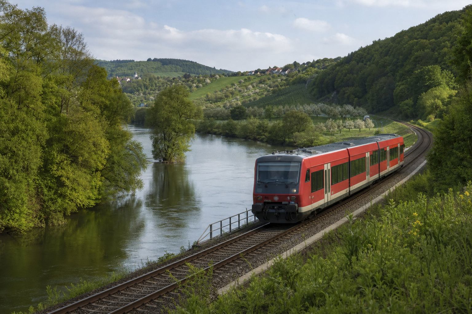 Regionalbahn und Radweg im fränkischen Tal