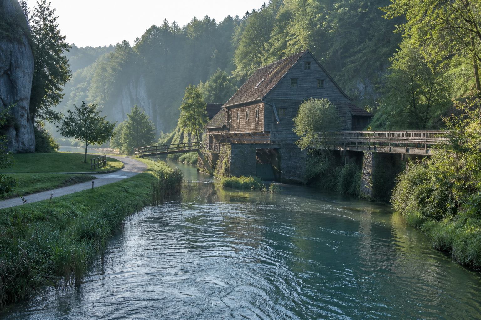 Wiesent-Tal mit Brücke und Morgennebel